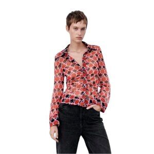Zara Sheer Ruched Button Front Blouse Red Black Polka Dot
